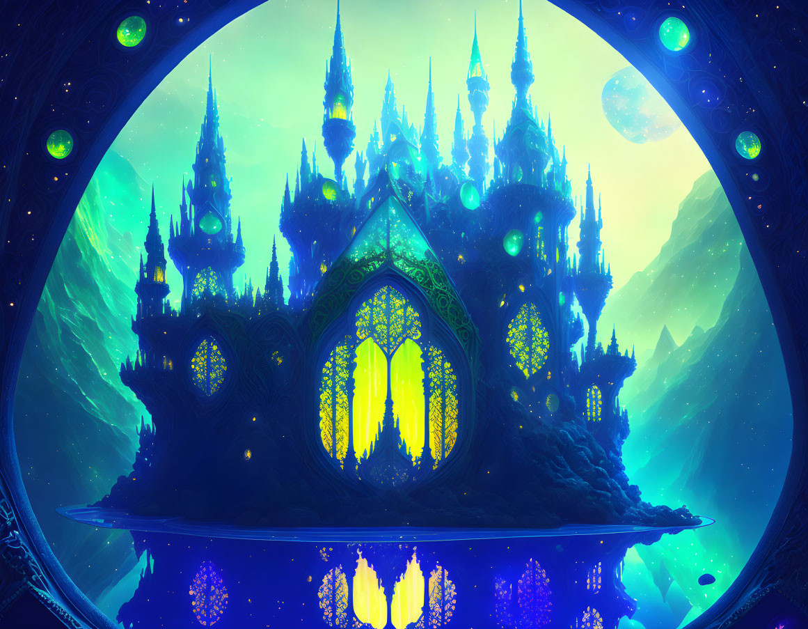 Luminescent blue castle with spires under starry sky and moon reflection