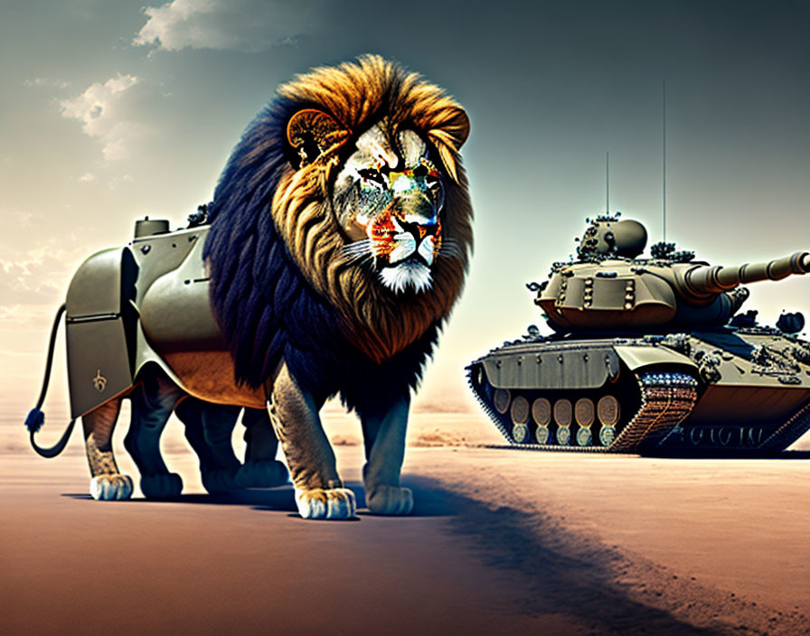 Surreal lion with tank-like body walking in desert landscape