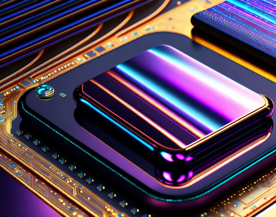 Colorful Stylized CPU on Motherboard with Neon Lights and Circuitry