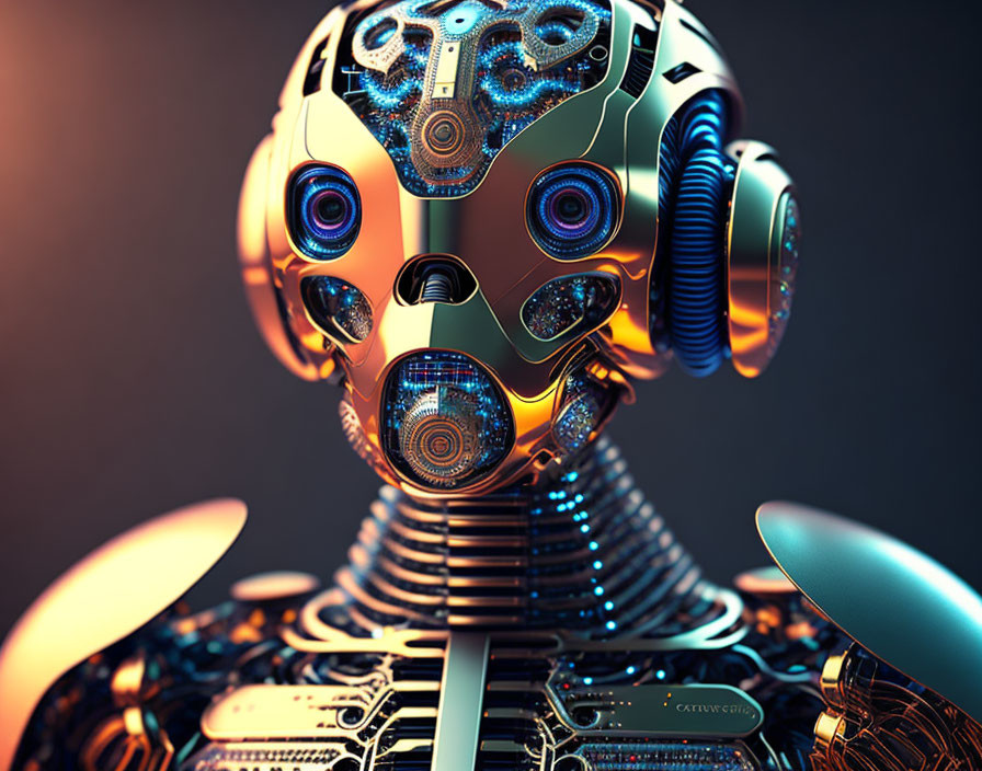 Detailed 3D Illustration of Humanoid Robot with Multiple Cameras and Circuit Patterns