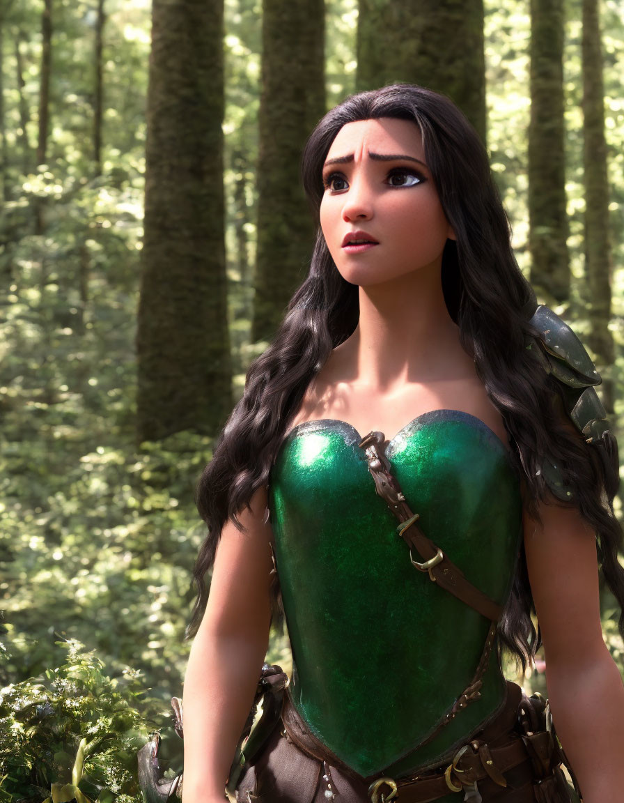 3D animated female character in green corset and armor in sunlit forest