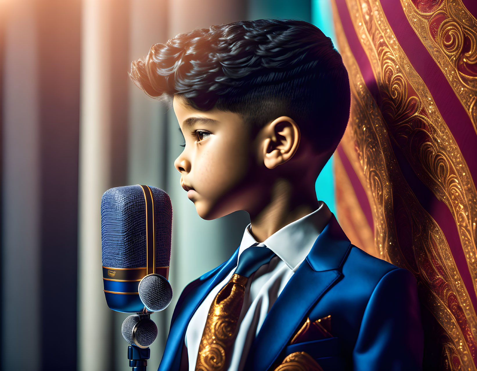 Young boy in blue and gold suit by vintage microphone under dramatic lighting