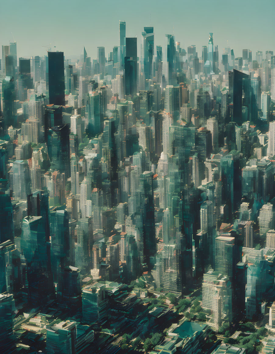 Dense urban skyline with skyscrapers under hazy sky