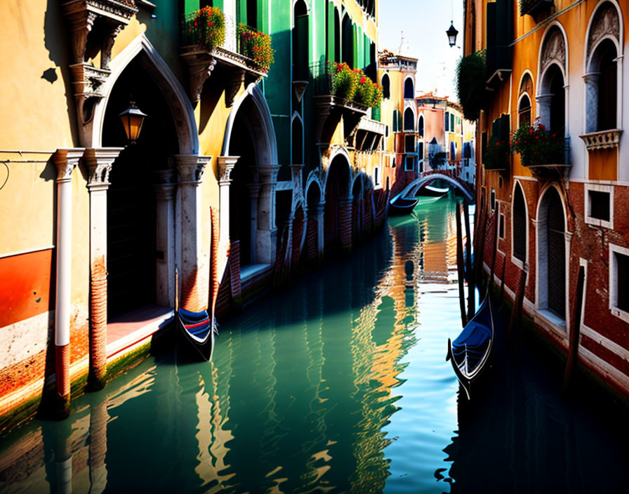 Scenic Venetian Canal with Gondolas and Colorful Buildings