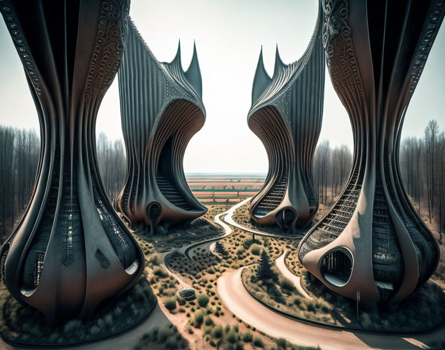 Curved, Ornate Futuristic Towers in Barren Landscape