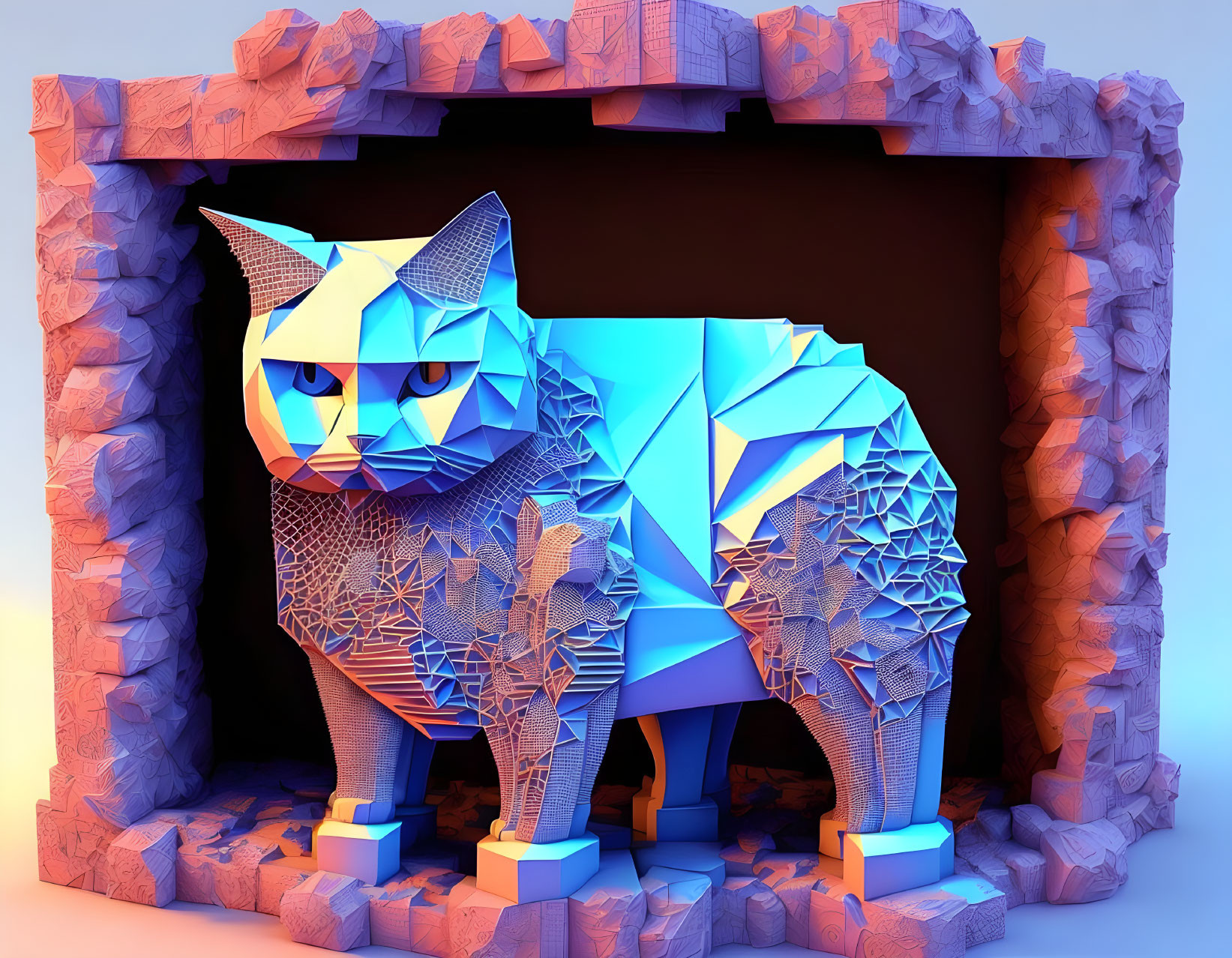 Colorful 3D geometric cat on rocky frame in purple-orange background