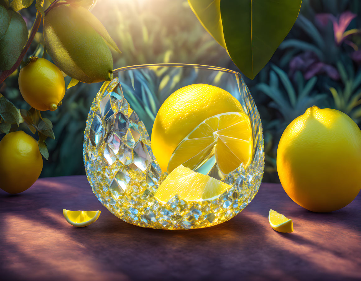 Crystal glass with lemon slices in sunlit garden with vibrant foliage