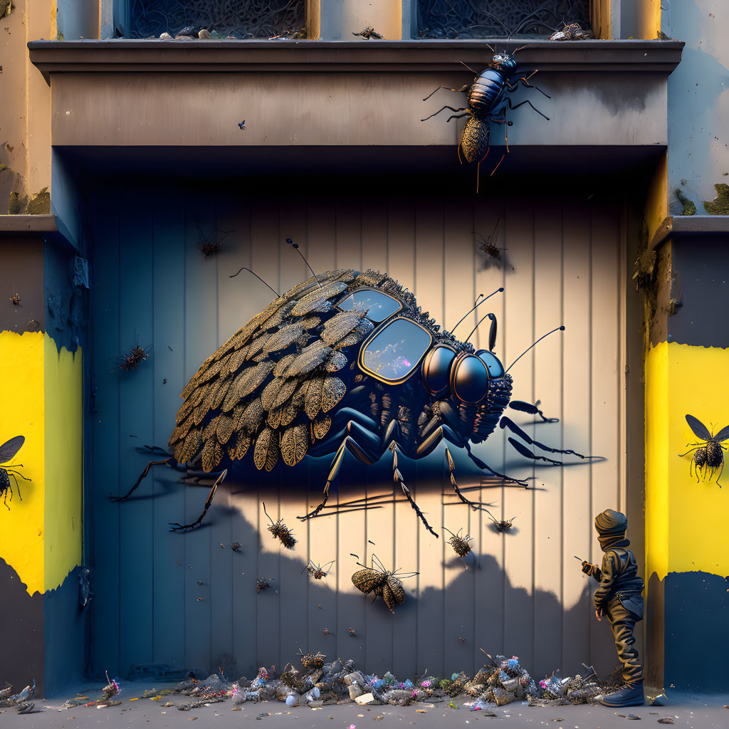 Realistic beetle graffiti with smaller insects on garage door, painted figure in hat.