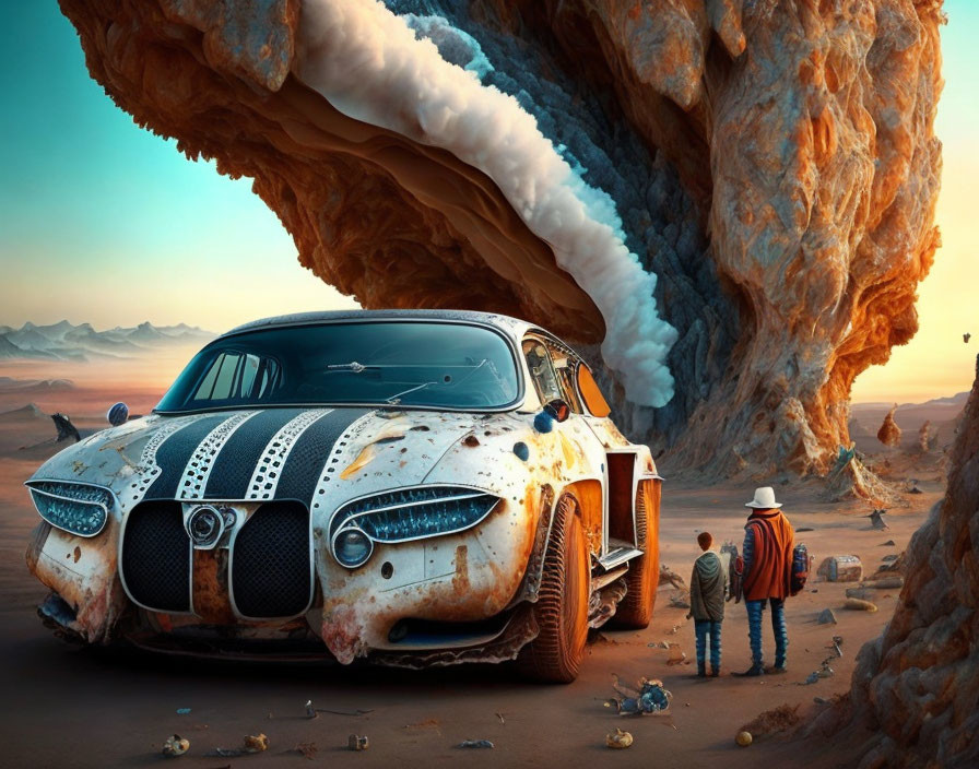 Surreal desert landscape with futuristic car and rocky arch