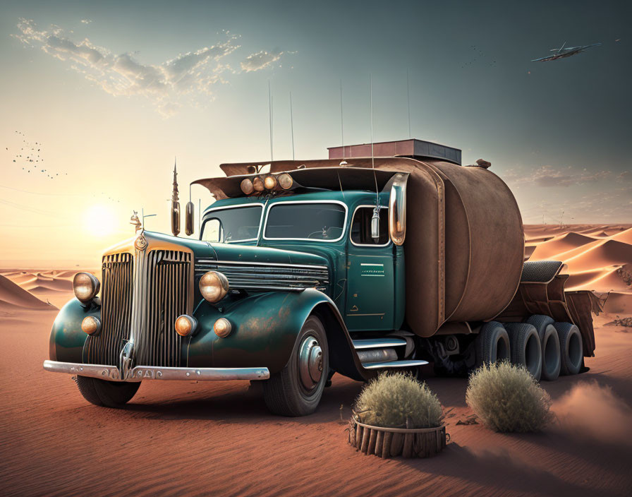 Vintage Truck with Canvas Cargo in Desert Near Futuristic City at Sunrise/Sunset