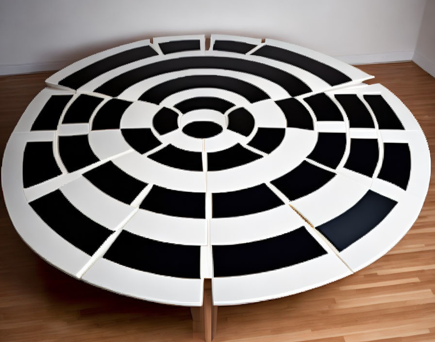 Round Black and White Spiral Target Sofa in Room with Wooden Flooring