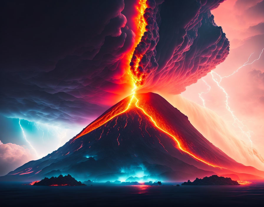 Volcanic eruption with lava flows and lightning in twilight sky