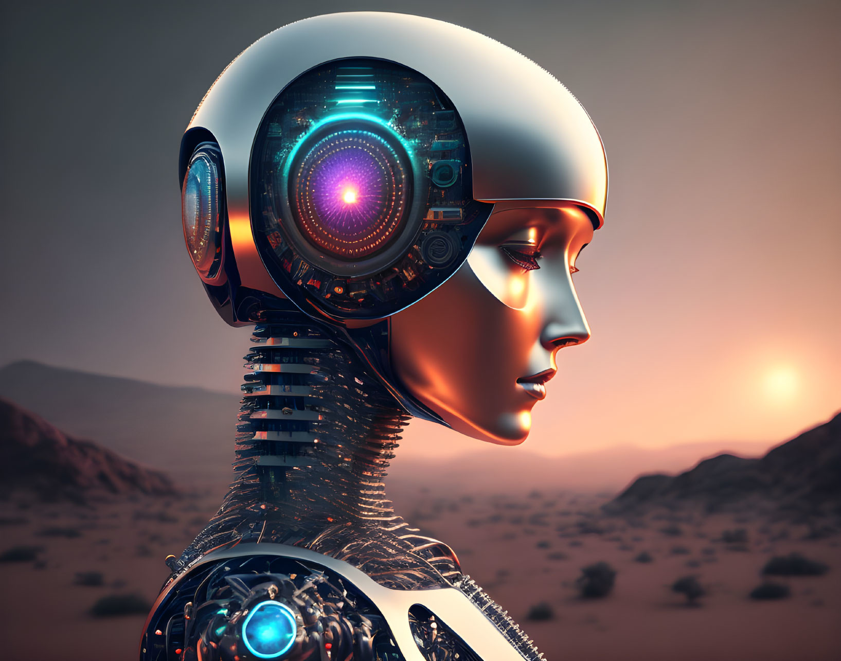 Detailed Human-Like Robot in Desert Sunset