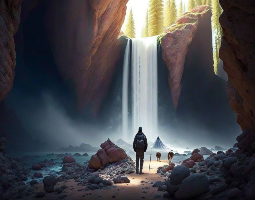 Backpacker admiring waterfall at cave entrance