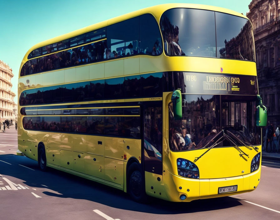 Bright yellow double-decker bus with transparent windows on city street