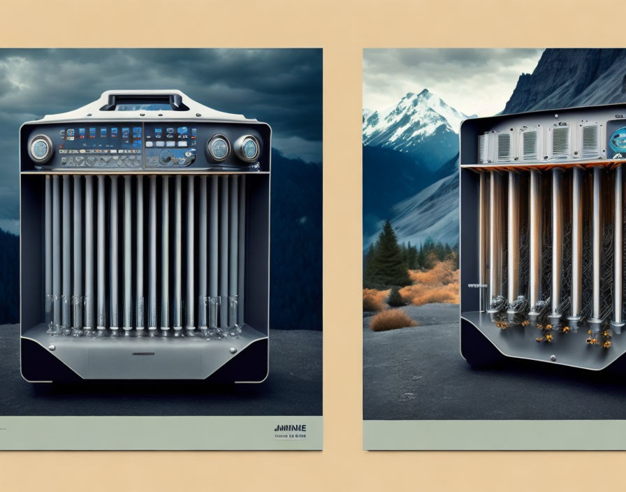 Vintage Car Front Design vs. Audio Equipment in Mountain Landscapes