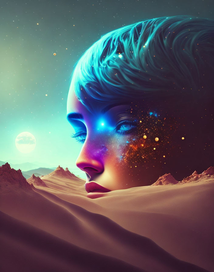 Surreal portrait of a woman with cosmic elements in desert landscape