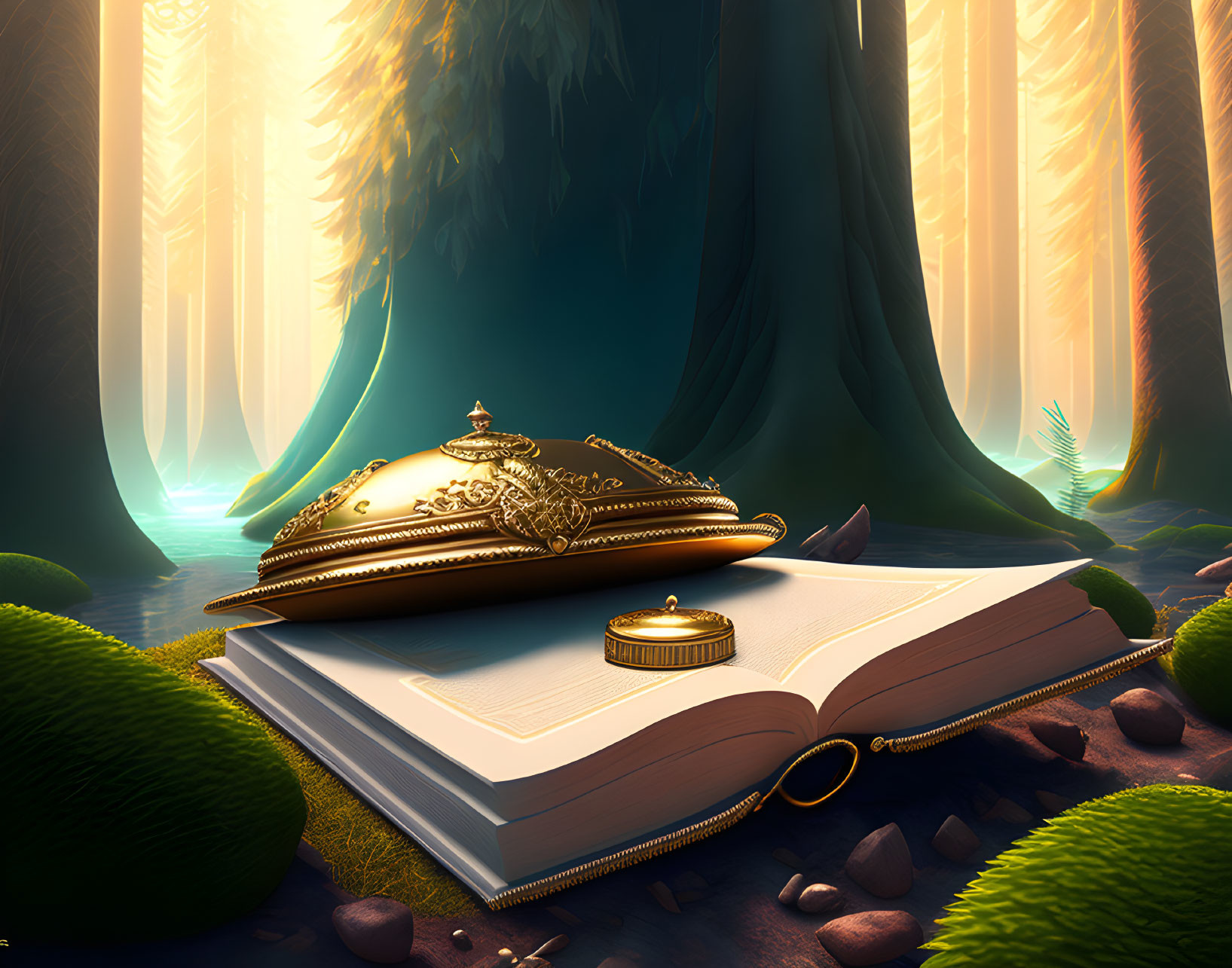 Golden compass on open book in mystical forest with sunlight