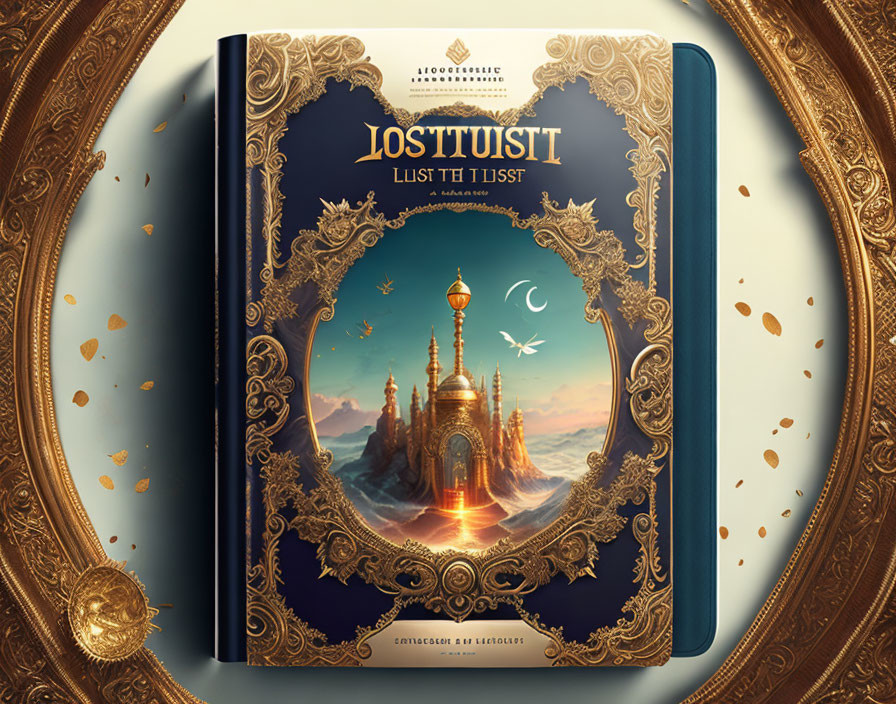 Fantasy book cover: Golden gate, mystical castle, celestial bird on blue backdrop