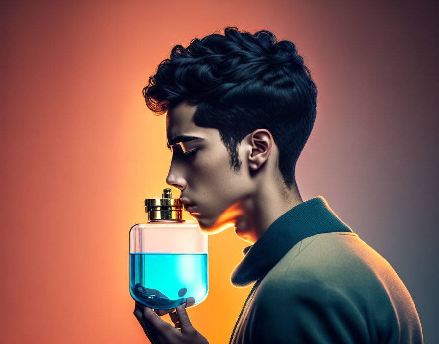 Profile View of Person with Dark Hair Holding Blue Perfume Bottle on Orange Background