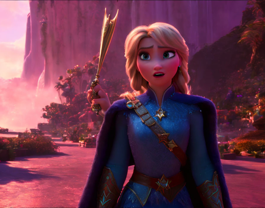 Female character with braid holds golden sword in enchanted forest.