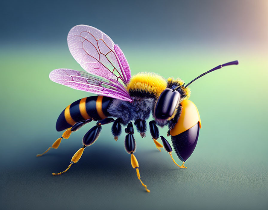 Detailed Image of Vibrant Bee with Purple Wings and Blurred Background