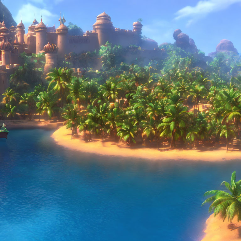 Tropical Beach Scene with Castle and Palm Trees