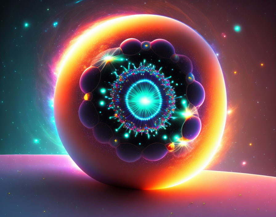 Colorful Digital Artwork: Spherical Object with Glowing Fractal Patterns