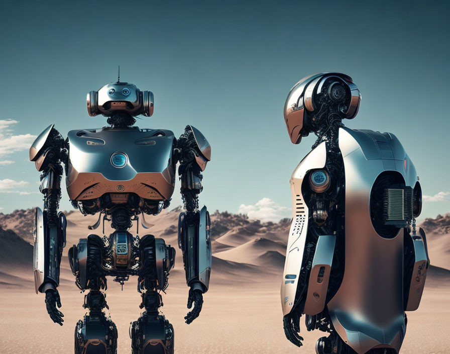 Futuristic robots in desert conversation scene