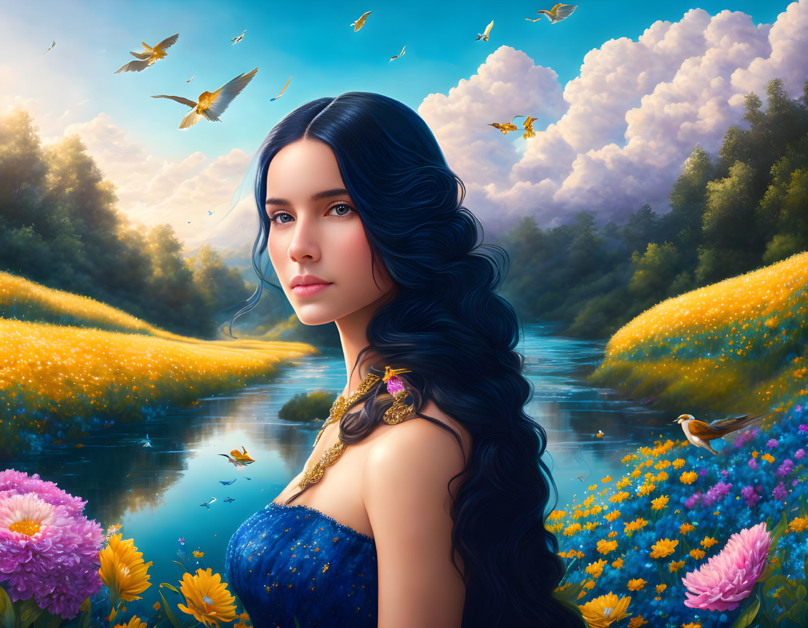 Woman with long dark hair in blue dress in vibrant landscape with flowers, river, birds, and fluffy