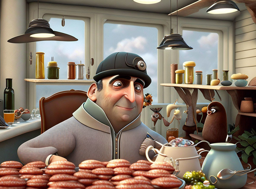 Man with cookies and squirrel in kitchen scene