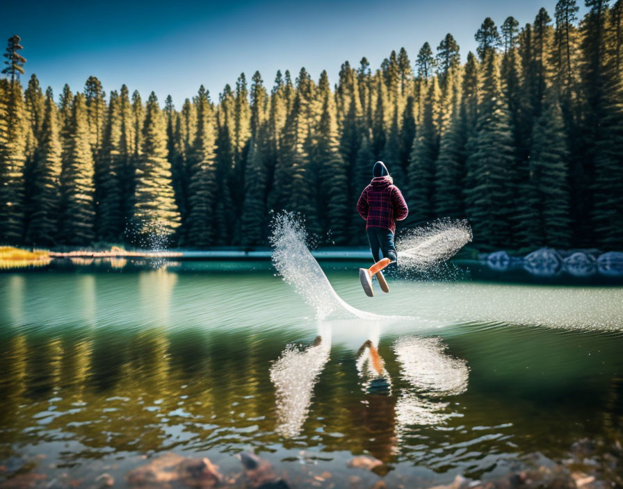 Red plaid shirt person skipping stones on tranquil lake with forest background