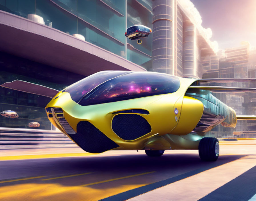 Yellow futuristic flying car hovers over vibrant cityscape