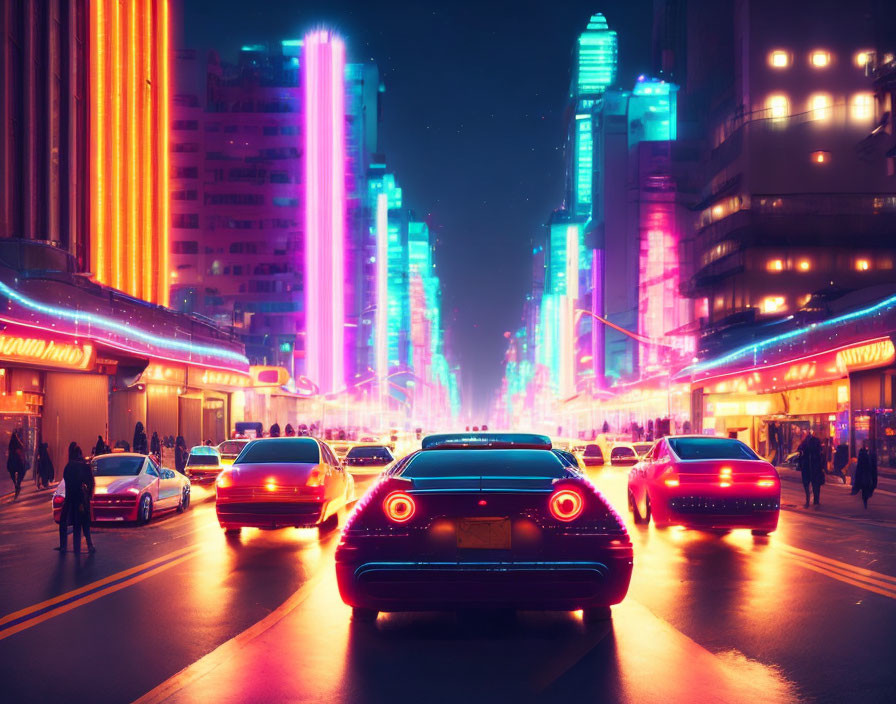 Neon-lit city street at night with bustling traffic and pedestrians