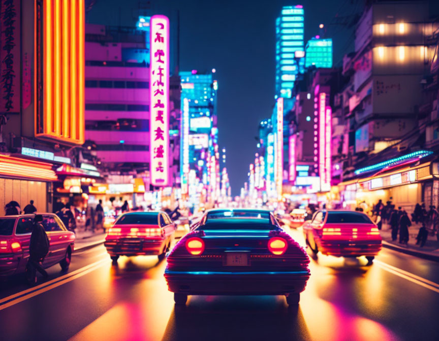 Classic Car Night Scene with Neon Lights in Urban Setting