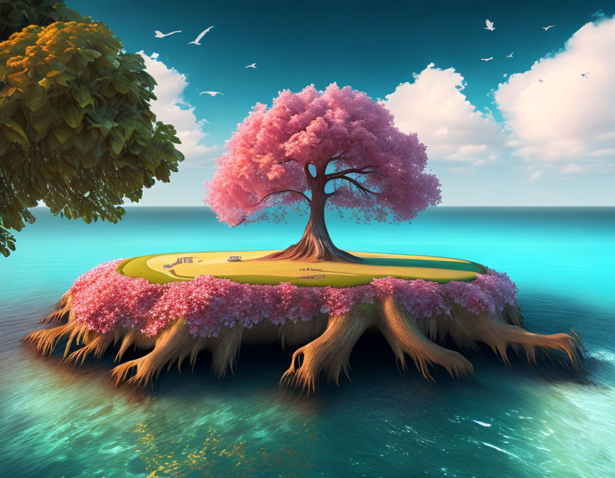 Floating island with pink cherry blossom tree in serene blue waters