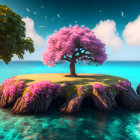 Floating island with pink cherry blossom tree in serene blue waters