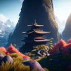 Traditional Asian pagoda surrounded by vibrant foliage and mountains in warm light