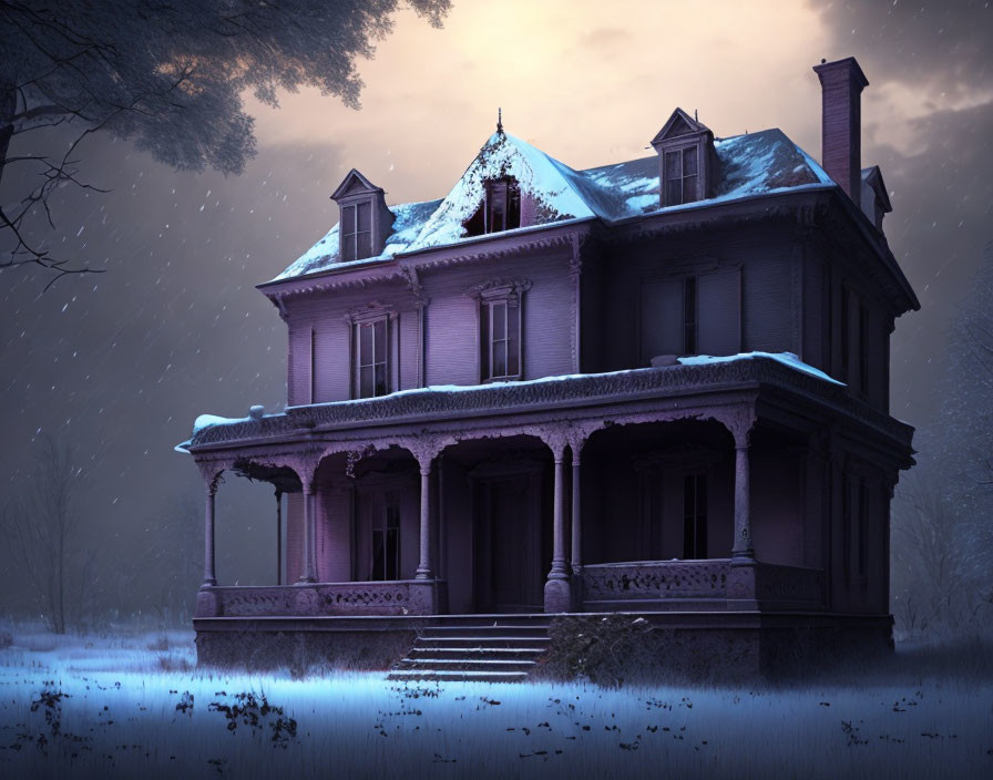 Victorian-style house in snow-covered winter landscape at twilight