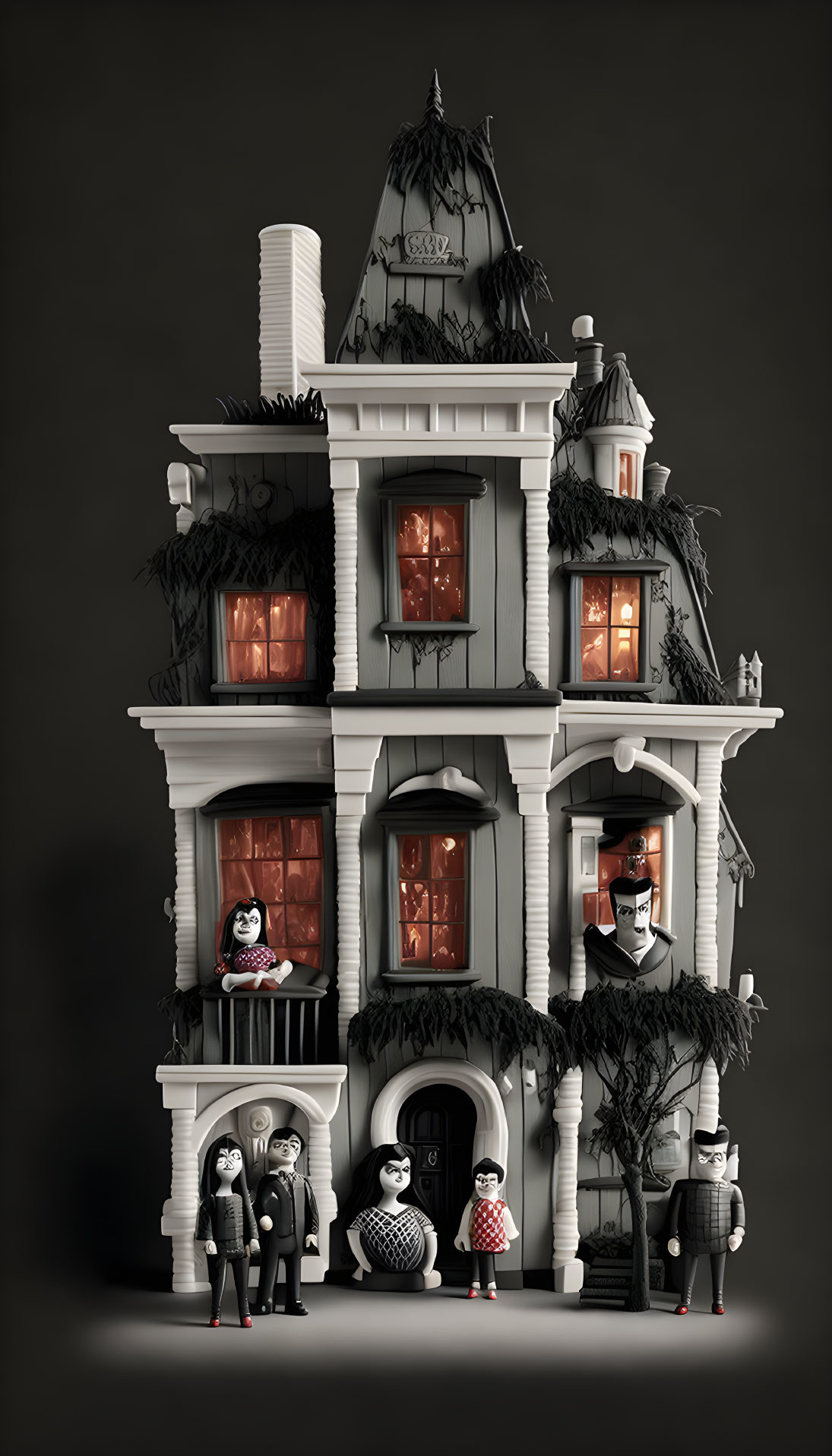 Whimsical Victorian-style house with quirky characters in illustrated image