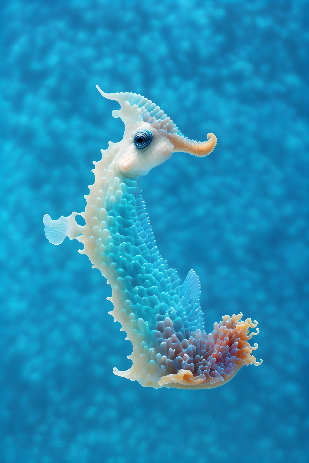 Vibrant seahorse illustration in detailed colors against blue water.