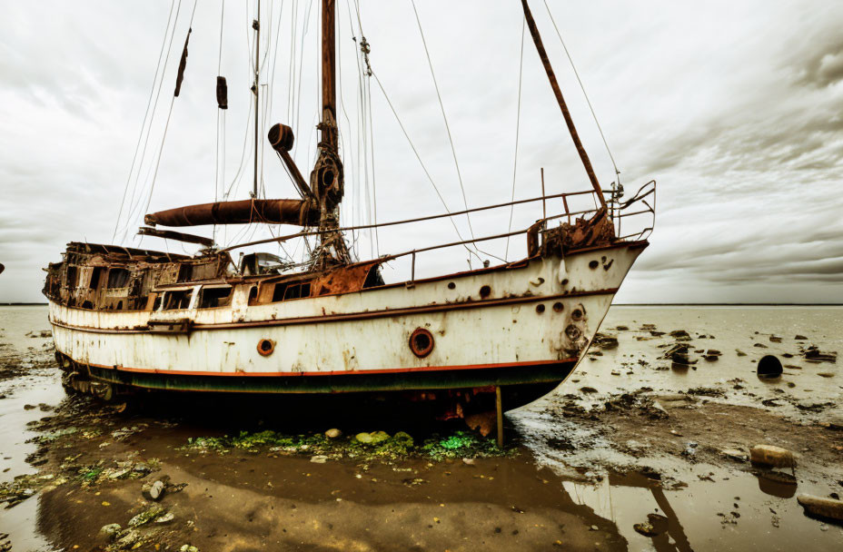 Abandoned sailboat with rust and peeling paint on muddy shore