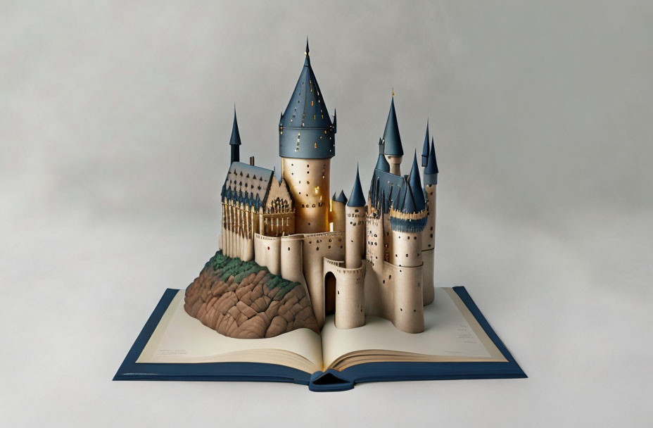 Detailed 3D castle pop-up book with blue rooftops and turrets