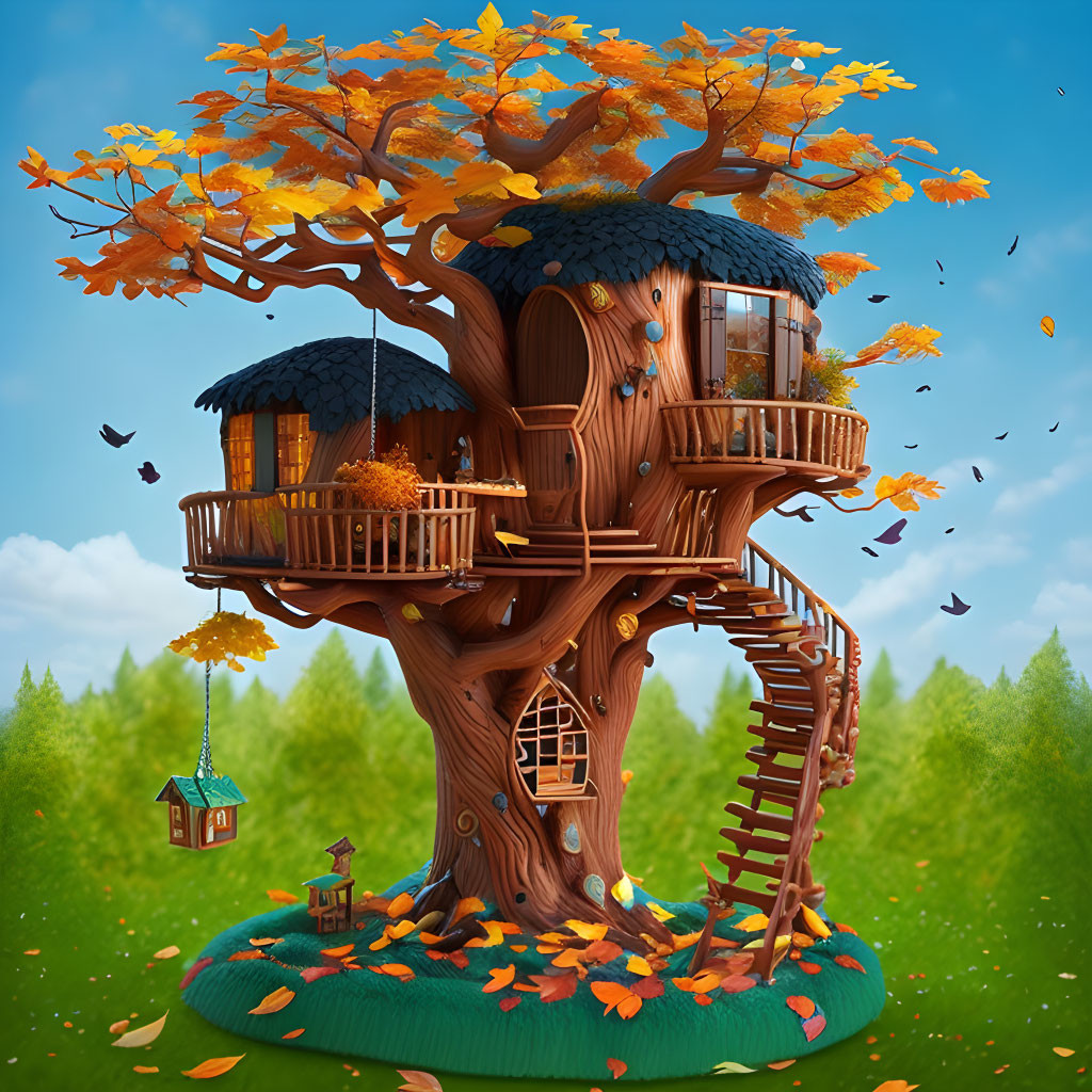 Whimsical treehouse with round rooms, blue roofs, autumn leaves, small birdhouse