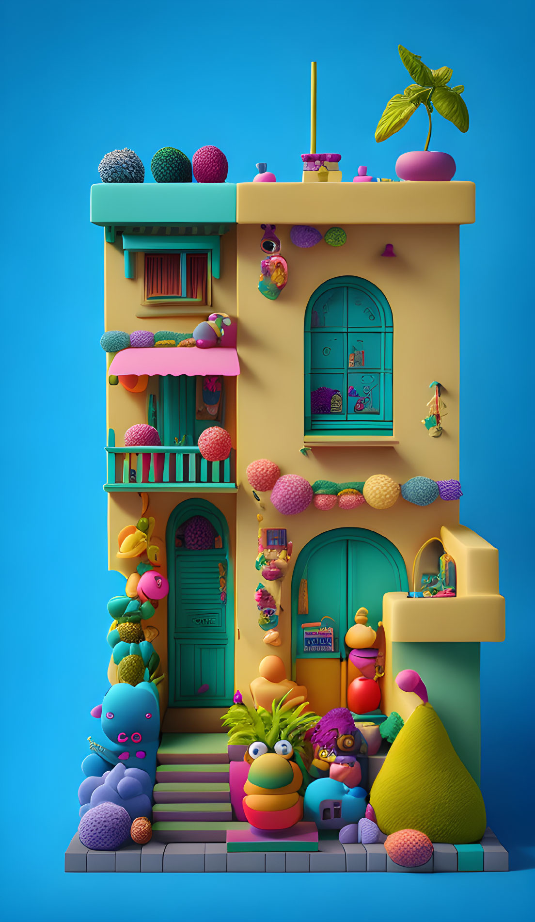 Vibrant 3D fantasy building with whimsical creatures on blue background