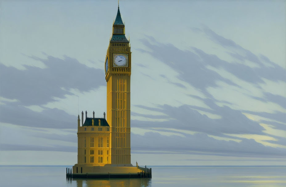 London's Big Ben partially submerged in tranquil water under a soft cloudy sky