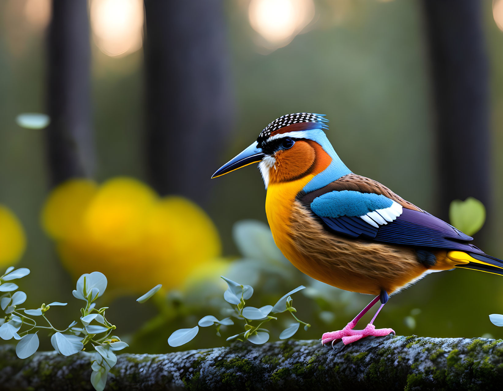 Colorful bird with blue crown & orange face perched on mossy branch in forest at dusk