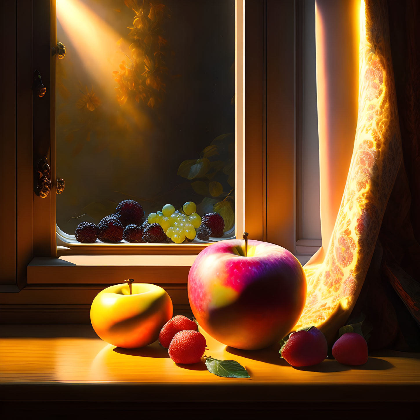 Natural light on wooden surface with fruits and curtain