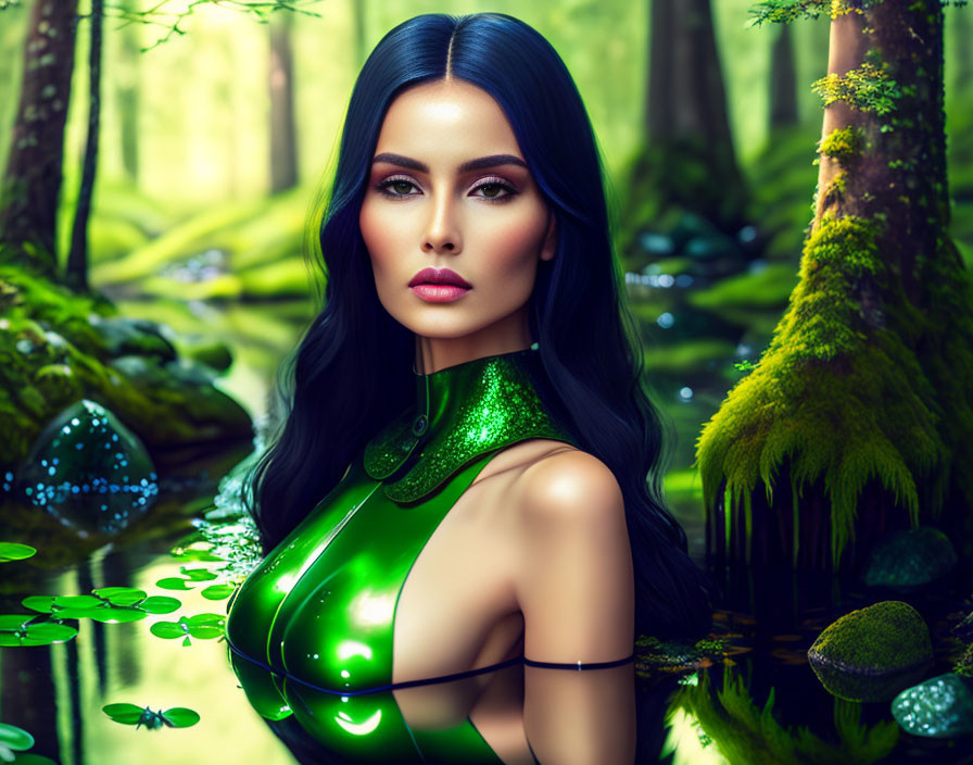 Woman in Futuristic Green Outfit Poses in Vibrant Forest