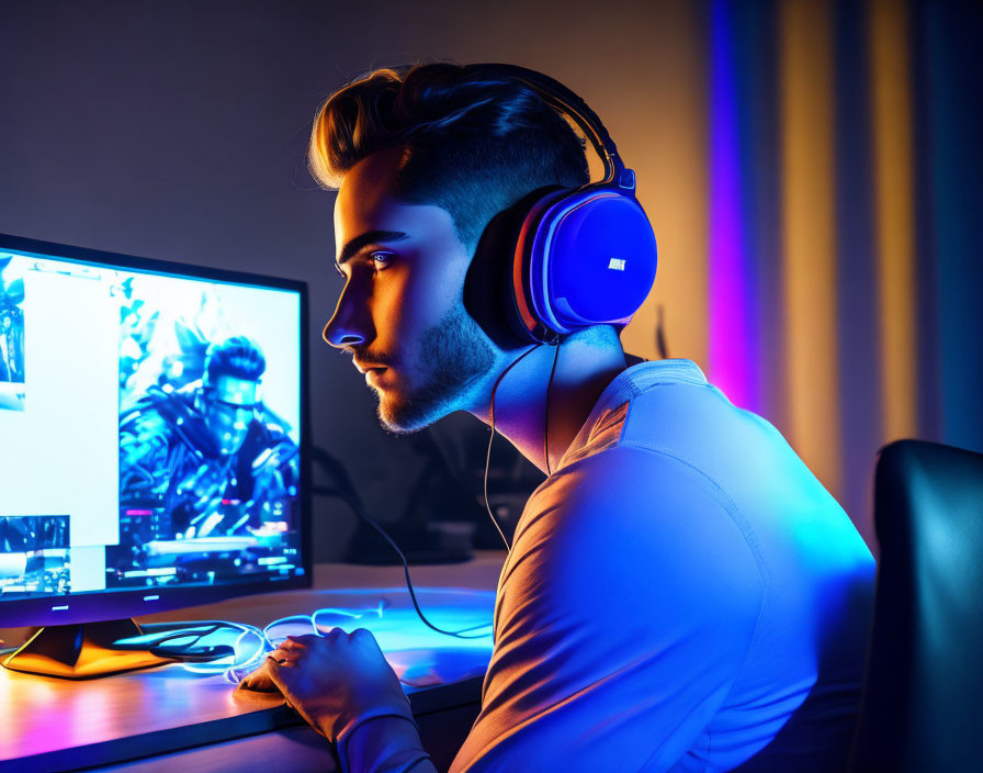 Gamer in headphones at LED-lit computer desk